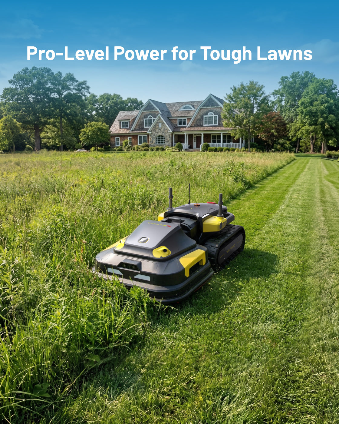 Robotic lawn mower with black and yellow body by Yarbo, featuring tank treads, cutting tall grass in a yard with striped mowed path, side view.