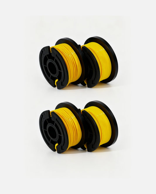 Yellow trimmer line spool with black plastic housing, two units shown side by side on white background