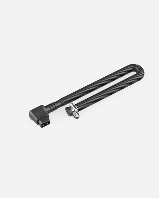 Black coiled battery power cord with Y-series connector and metal locking clip, side view on white background