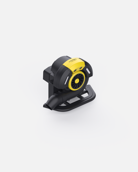 Black and yellow blower module with circular fan design by YARD, shown in angled studio view with base stand and exhaust nozzle.