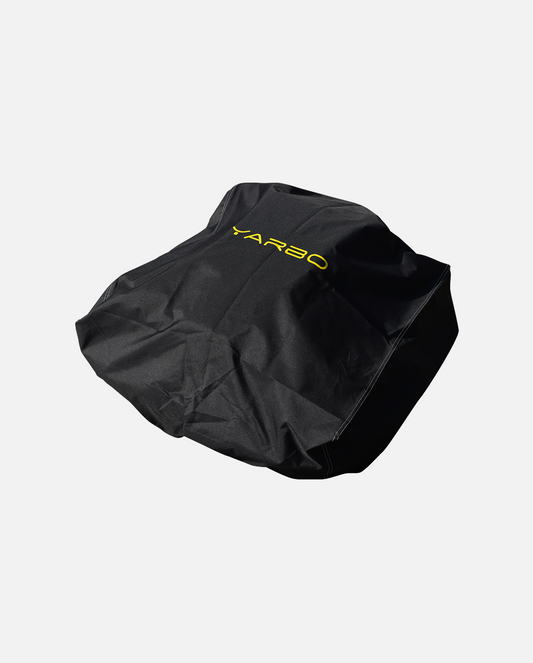 Black lawn mower pro module cover by YARBO, featuring yellow logo, durable fabric, and angled studio view