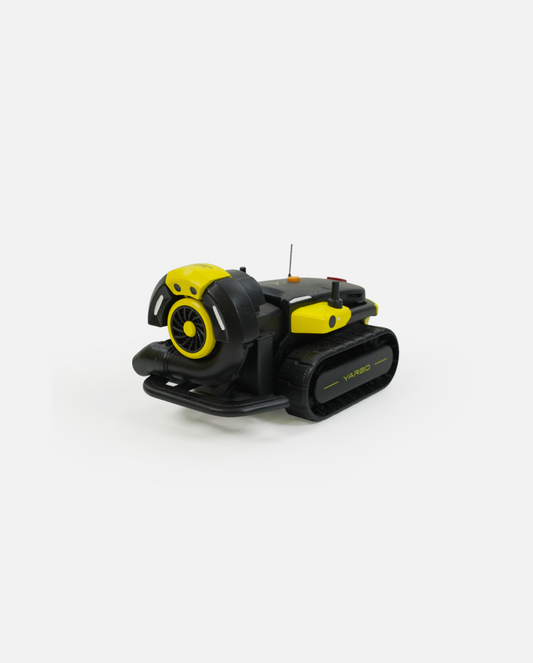 Mini black and yellow Yarbo blower 3D model with tank treads, side view, by Yarbo