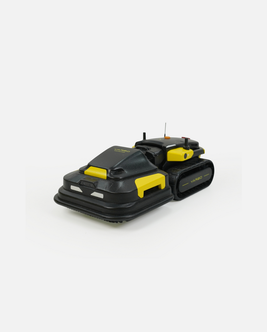 Mini black and yellow robotic lawn mower by Yarbo, compact design with tank-style tracks and side view angle
