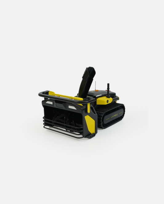 Mini black and yellow snow blower model by Yarbo, featuring tracked base and front chute, side view on white background