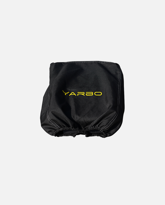 Black fabric Smart Assist Module Cover by YARBO with yellow logo and elastic bottom, front view
