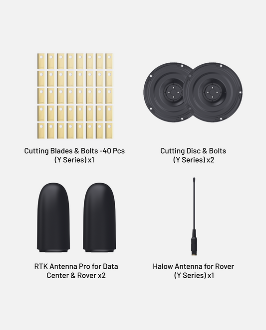 Lawn mower accessory kit by Yarbo featuring 40 gold cutting blades, two black cutting discs, two black RTK antennas, and one black Halow antenna, arranged in a grid layout.