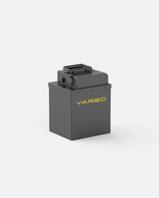 38.4Ah Y Series battery by YARBO, matte black rectangular unit with top handle and yellow logo, front view