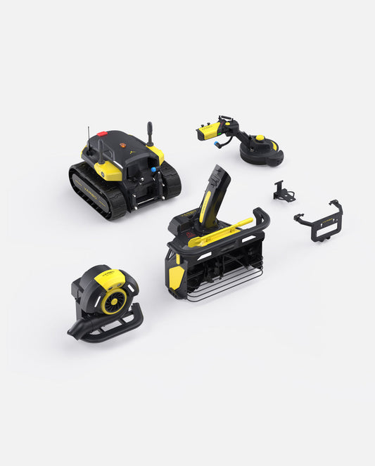 Black and yellow robotic snow blower, blower, and trimmer attachments by Yarbo, shown in overhead product layout with modular components.