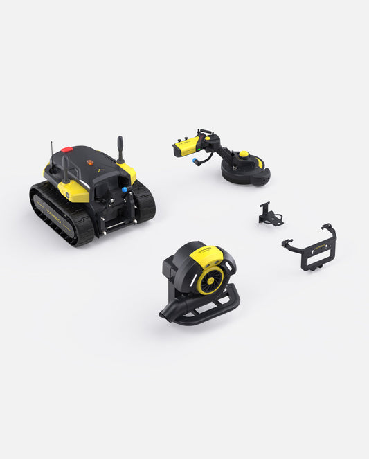 Black and yellow robotic lawn blower and trimmer package by Yarbo, featuring tracked base, detachable attachments, and compact design, shown in product layout view.