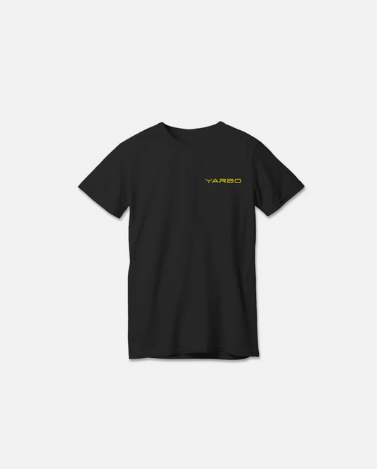 Black short-sleeve t-shirt with yellow YARBO logo on chest, by Yarbo, front view, minimalist design