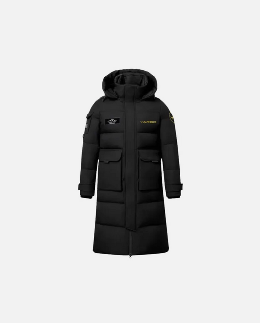 Black long down jacket by Yarbo with hood, front pockets, and yellow logo detailing, front view