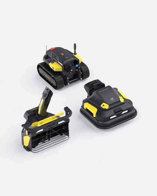 Black and yellow robotic lawn mower with snow blower attachment by Yarbo, shown in three angles with tracked base and modular design
