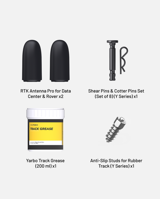 Snow blower accessory kit by Yarbo featuring black antenna caps, shear pins, track grease in yellow container, and silver anti-slip studs, arranged in grid view