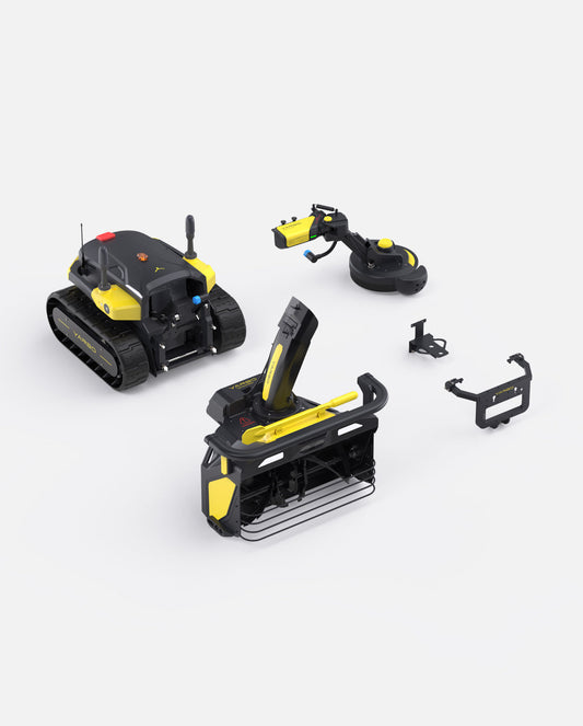 Black and yellow robotic snow blower and trimmer package by Yarbo, featuring tracked base, detachable attachments, and modular design in studio view.
