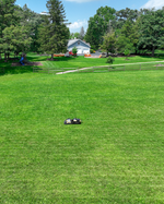 Black and yellow robotic lawn mower by Yarbo on lush green grass in a spacious backyard, side view.