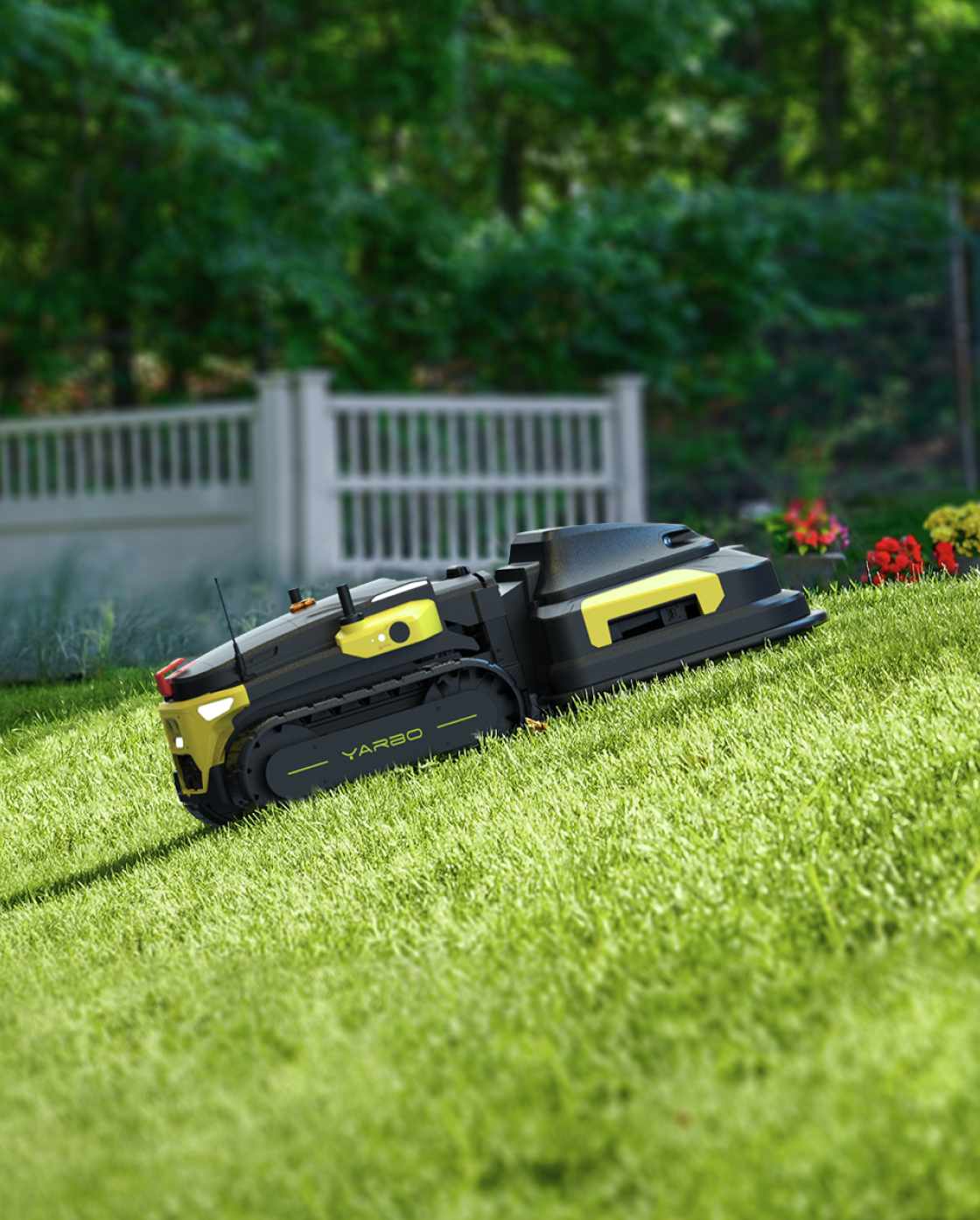 Black and yellow robotic lawn mower by Yarbo on green grass, side view with track wheels and control panel, garden background