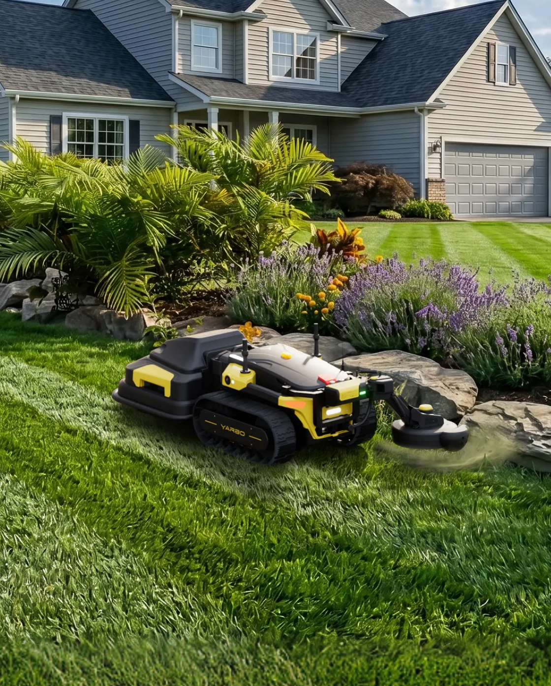 Black and yellow robotic lawn mower by Yarbo with attached trimmer, on lush green grass in front of a house, side view.