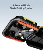 Black and yellow robotic lawn mower by Yarbo with dual cutting blades, orange accents, and side view showing advanced blade system