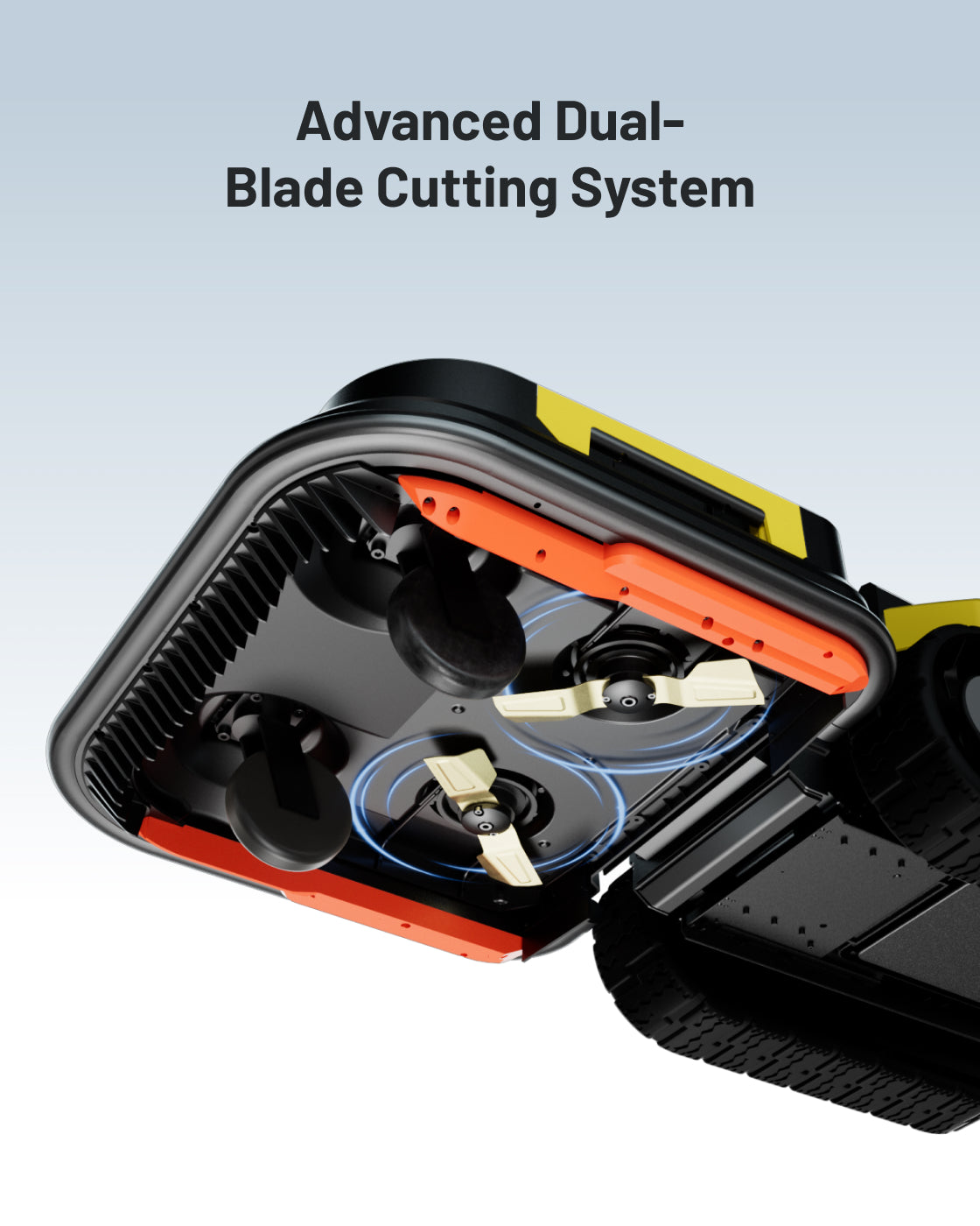 Black and yellow robotic lawn mower by Yarbo with dual cutting blades, orange accents, and side view showing advanced blade system