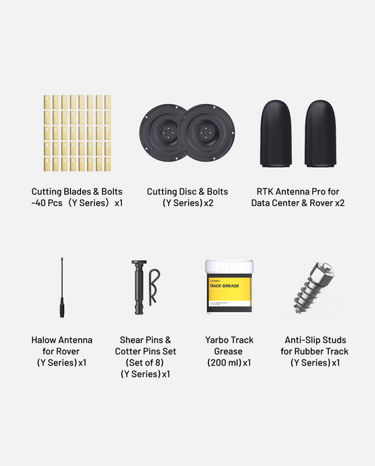 All-year essential accessory kit featuring cutting blades, discs, antennas, shear pins, track grease, and anti-slip studs in organized layout