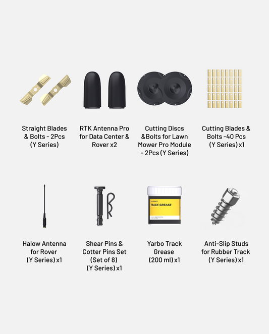 All-year essential accessory kit featuring straight blades, cutting discs, track grease, and anti-slip studs for lawn mower pro module, displayed in grid layout