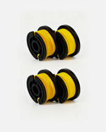 Yellow trimmer line spool with black plastic housing, two units shown side by side on white background