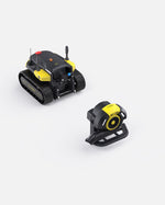 Black and yellow robotic blower by Yarbo with tracked base and detachable fan unit, shown in studio view.