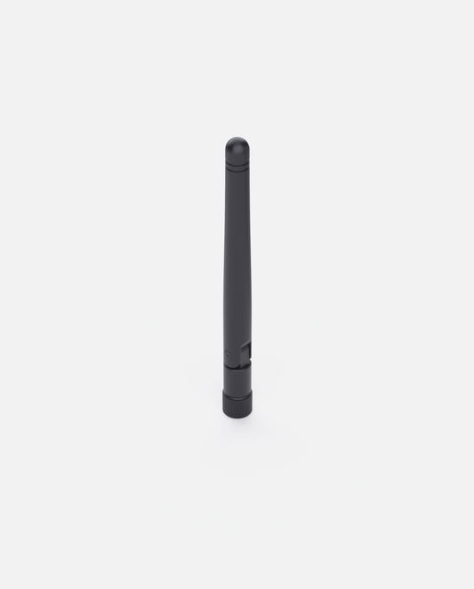 Black Bluetooth antenna for data center, slim cylindrical design with ribbed base, front view on white background