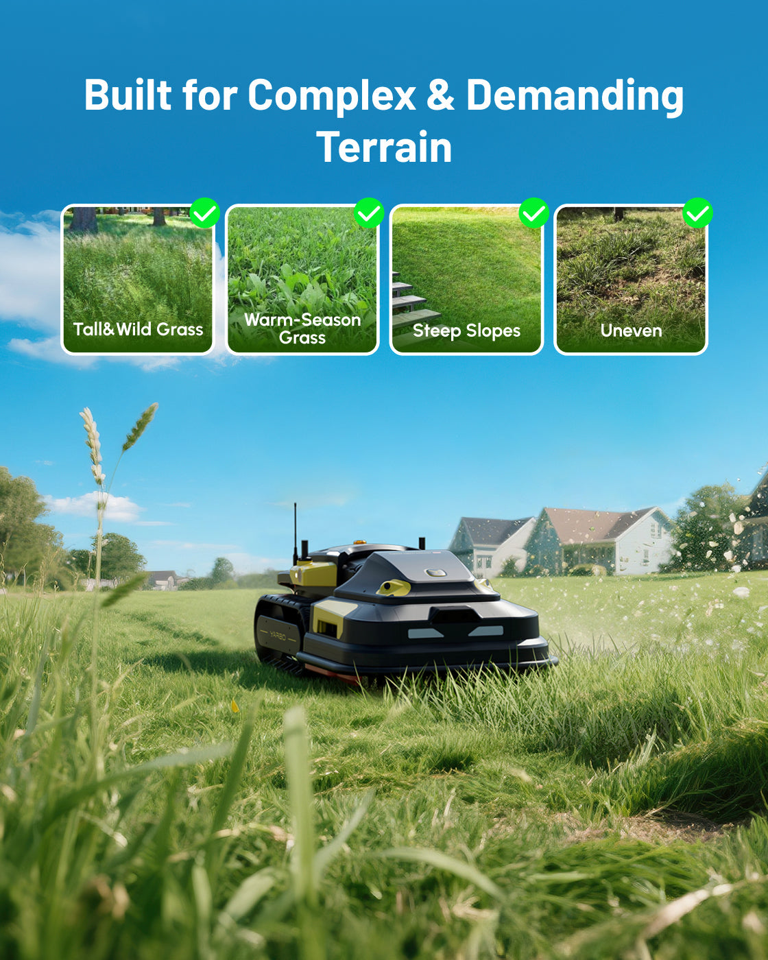 Black and yellow robotic lawn mower by Yarbo on grassy lawn, side view with track wheels and antenna, cutting tall green grass under blue sky.