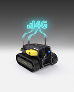 Black and yellow tracked robot with 4G connectivity symbol above, by YARBO, featuring antennas and front camera, side view.