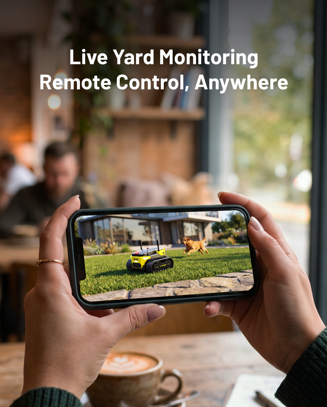 4G-enabled remote monitoring robot with yellow and black body, viewed on smartphone screen in lifestyle setting with dog and yard background