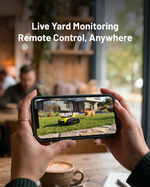 4G-enabled remote monitoring robot with yellow and black body, viewed on smartphone screen in lifestyle setting with dog and yard background