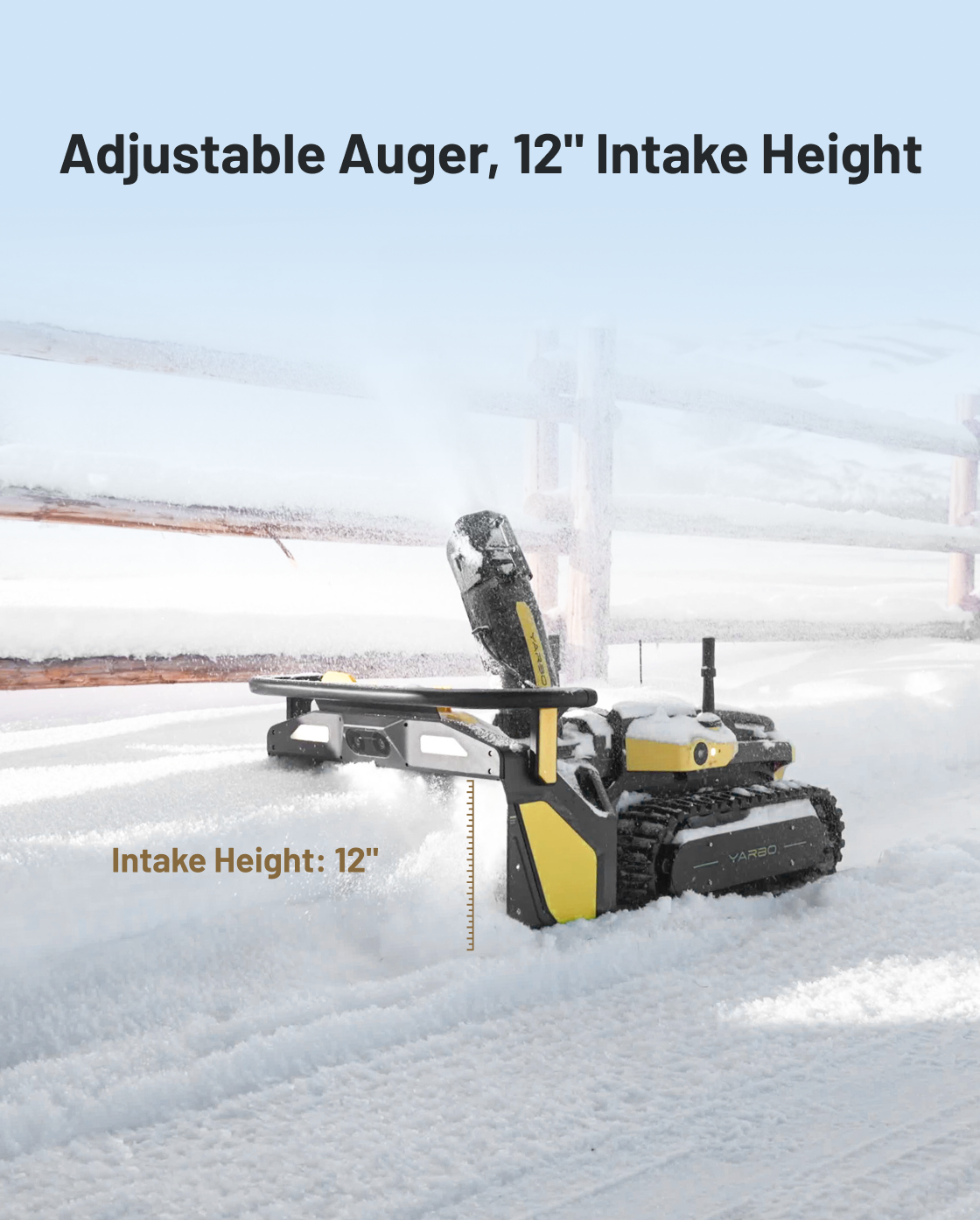 Yellow and black snow blower by Yarbo with adjustable auger, 12-inch intake height, tracked base clearing snow in winter landscape.