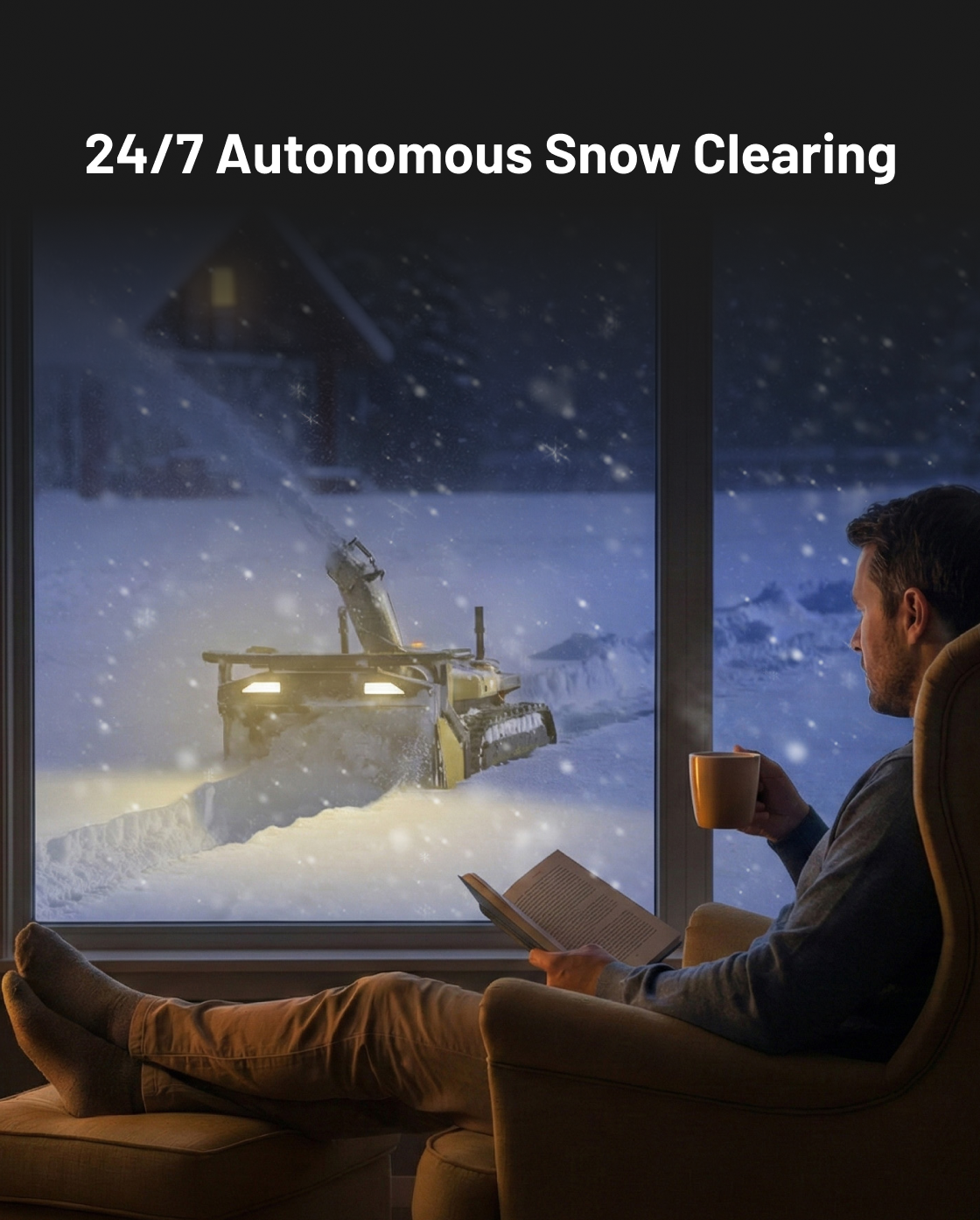Autonomous snow blower by Yarbo clearing driveway at night, viewed from inside home with man reading and holding mug.