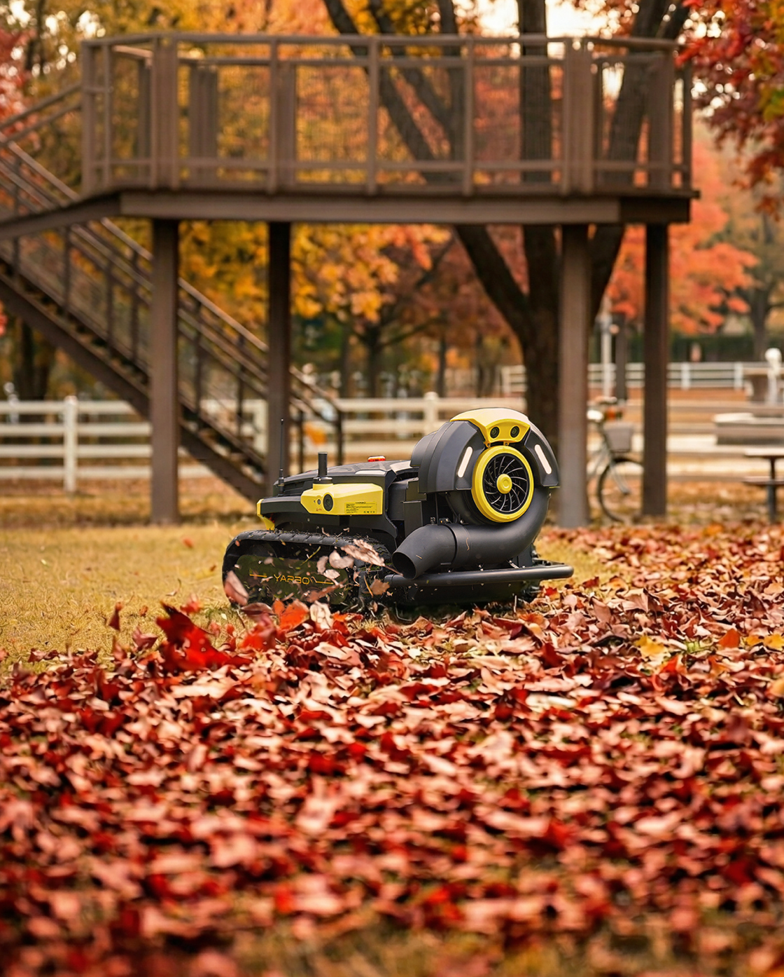 Black and yellow robotic leaf blower by Yarbo on grass with fallen autumn leaves, side view in outdoor setting