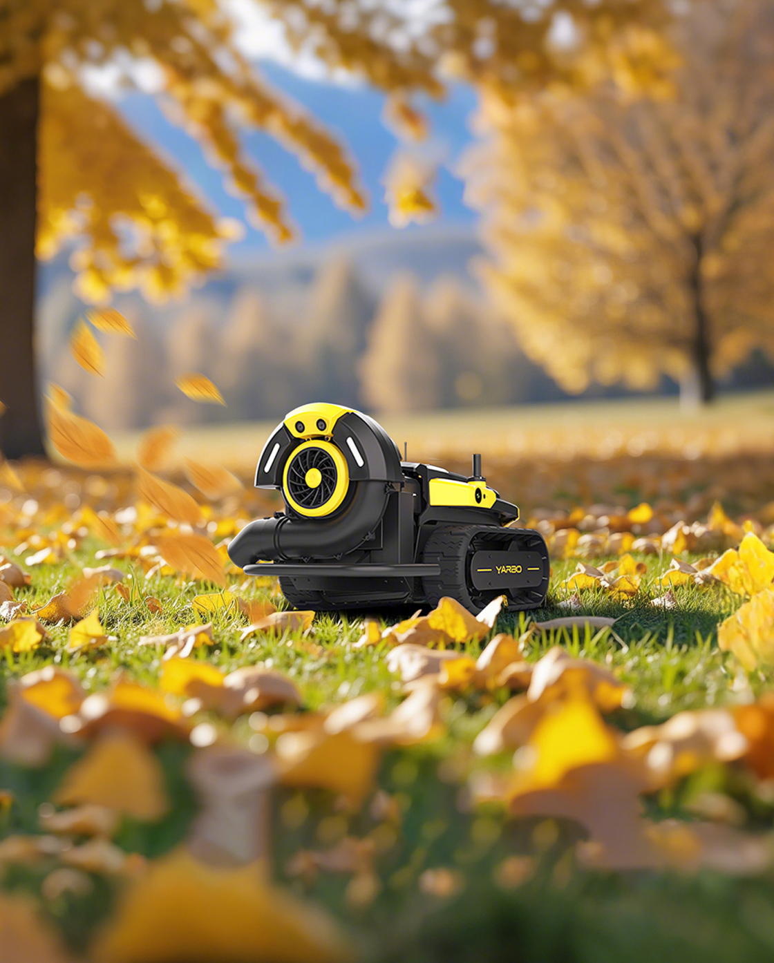 Black and yellow robotic leaf blower by Yarbo on grass with falling autumn leaves, side view