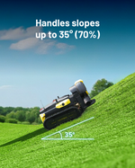 Black and yellow robotic lawn blower by Yarbo on grassy slope, side view showing 35° incline capability