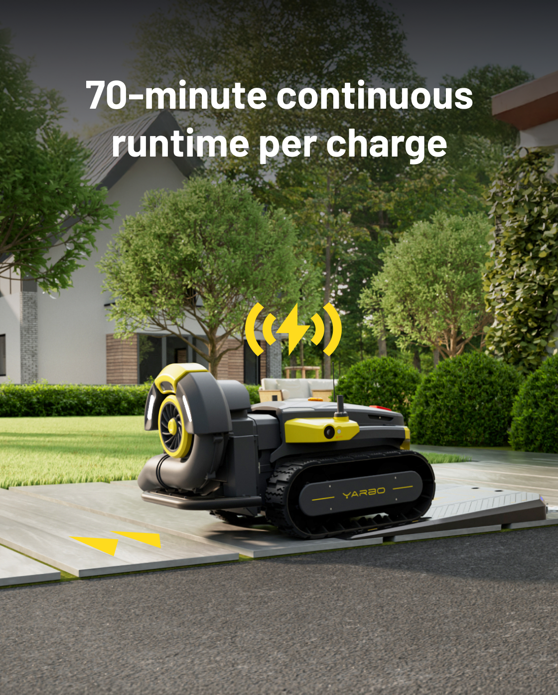 Black and yellow robotic leaf blower by Yarbo on driveway, side view with track wheels and visible fan, outdoor garden setting.