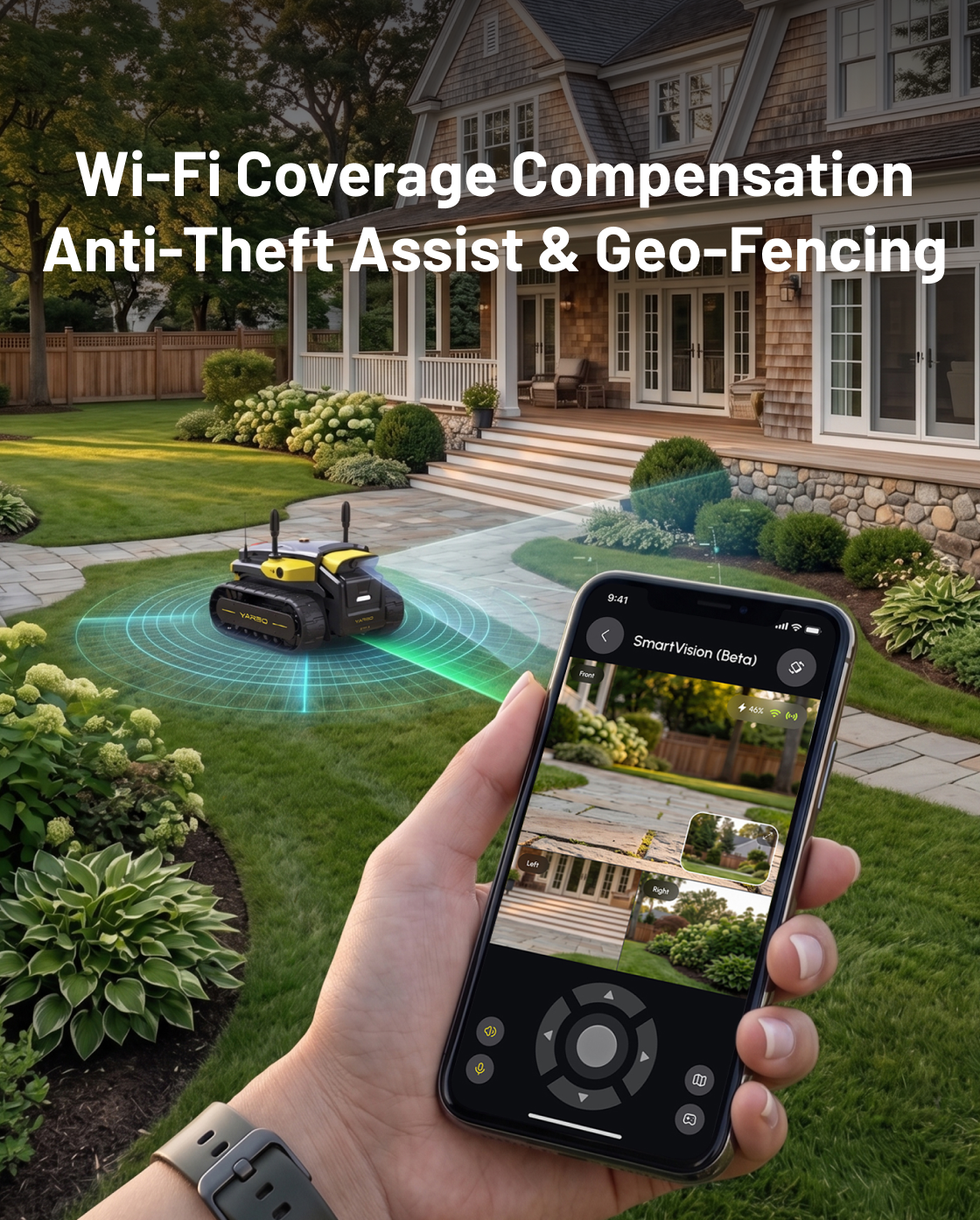 4G service with Wi-Fi coverage compensation, anti-theft assist, and geo-fencing features displayed on smartphone screen in outdoor home setting