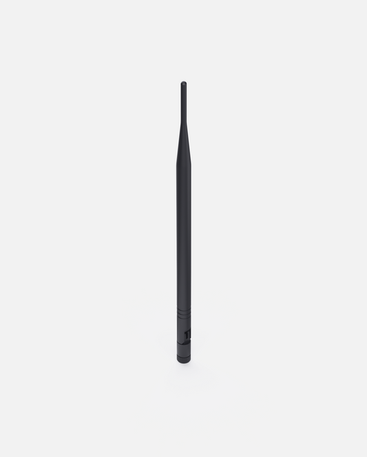 Black HaLow antenna for data center, sleek cylindrical design with threaded base, front view on white background