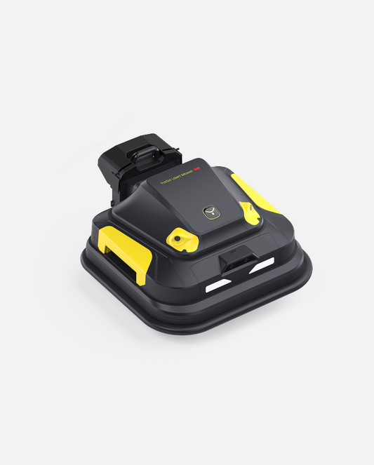 Black and yellow robotic lawn mower module by Yarbo, compact design with top handle and front sensors, angled studio view