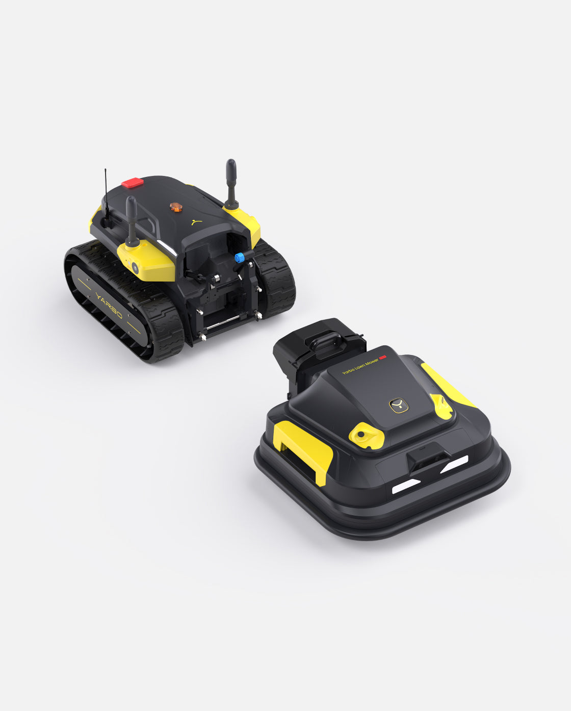 Black and yellow robotic lawn mower by Yarbo, featuring tank treads and compact design, shown from angled top view.