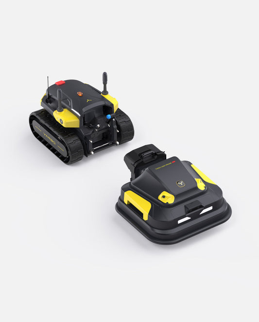 Black and yellow robotic lawn mower by Yarbo, featuring tank treads and compact design, shown from angled top view.