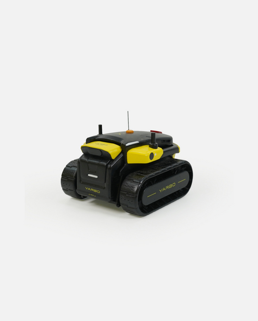 Mini black and yellow tracked robot model by Yarbo, featuring antenna and side view design