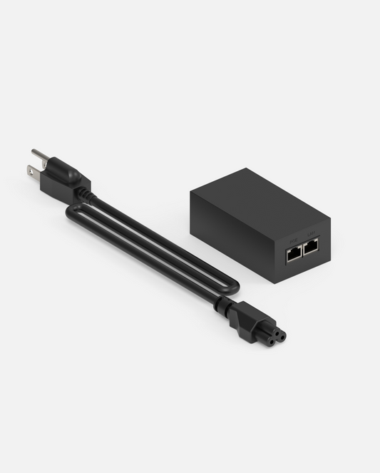 Black POE power adapter with two Ethernet ports and power cord, side view, compact rectangular design