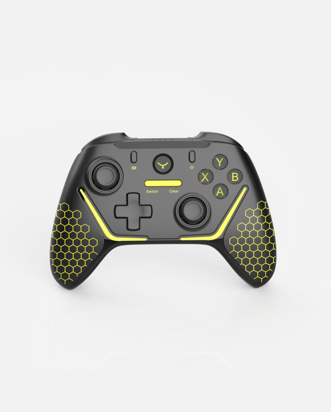 Black and yellow remote controller with hexagonal grip patterns and dual analog sticks, front view