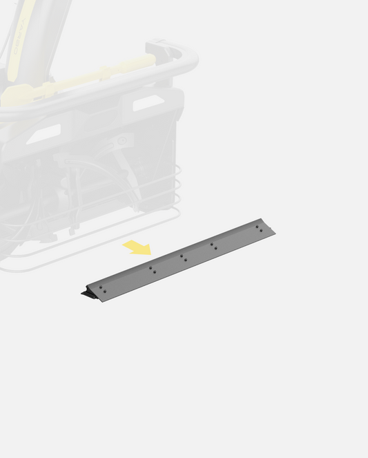 Gray metal scraper bar with bolt holes, from Y Series, shown in front view with equipment background.