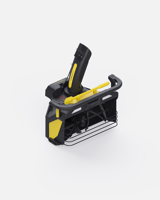 Black and yellow snow blower module with protective cage, by YARBO, shown in angled studio view