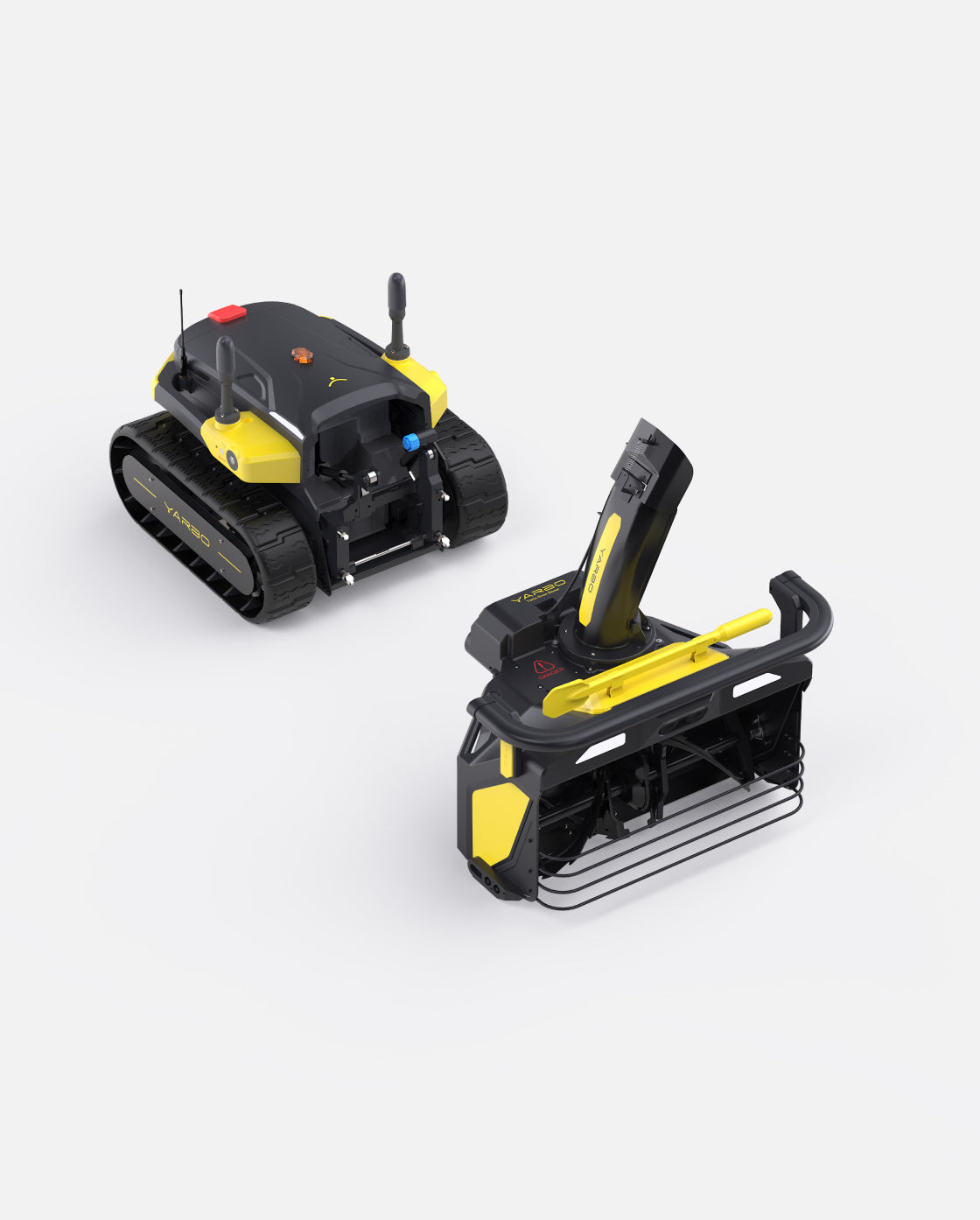 Black and yellow robotic snow blower by Yarbo, featuring tracked base and detachable plow attachment, shown in angled studio view