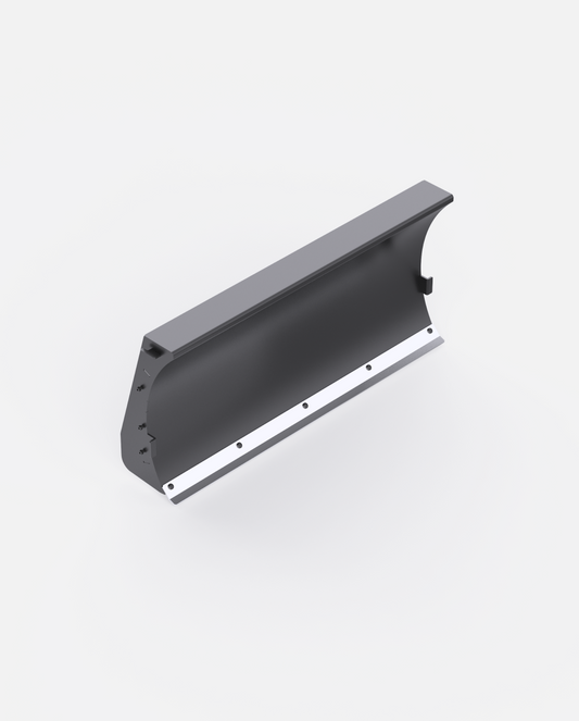 Gray metal snow plow blade with curved edge and white mounting strip, side view, Y Series model